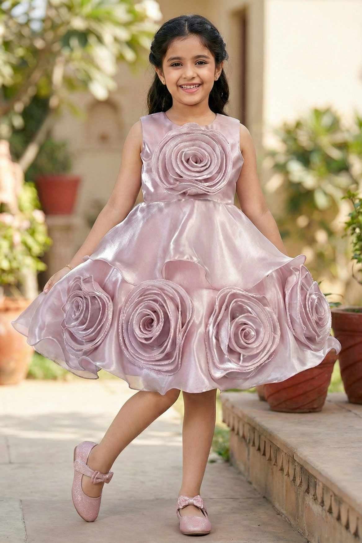 Onion Pink Embellished Party Wear Frock with 3D Rose Appliqué For Girls