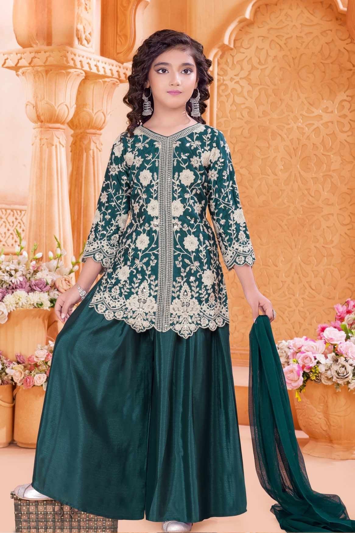 Emerald Green Zari Embroidered Palazzo Set For Girls