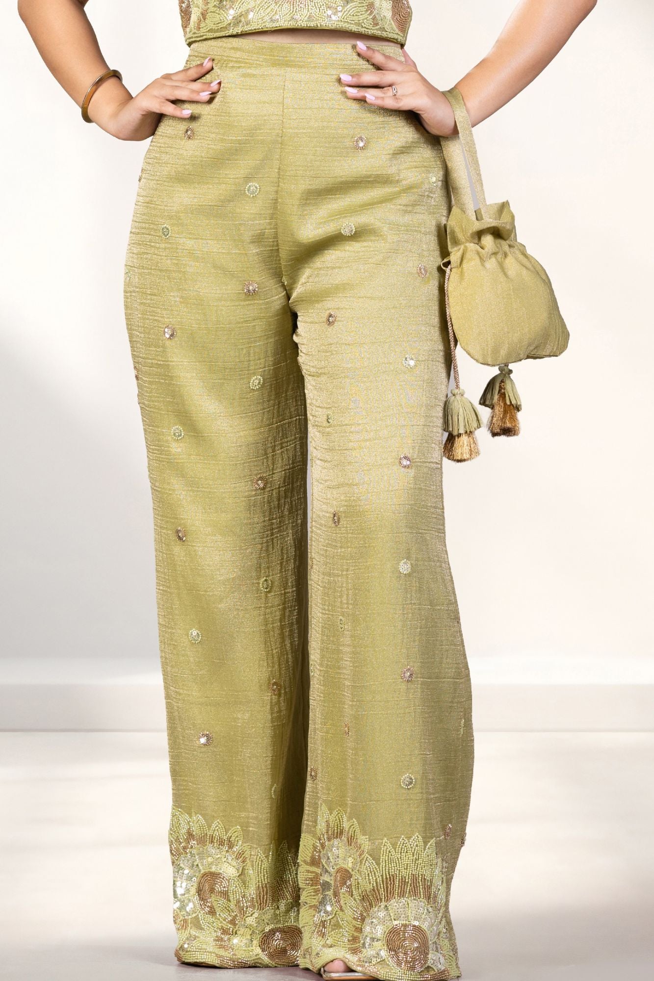 Girls Green One-Shoulder Bead And Sequin Embroidered Palazzo Set