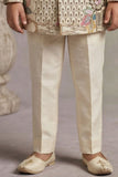 Cream Printed Jodhpuri Suit With Lion Motif And Embroidered Detailing For Boys