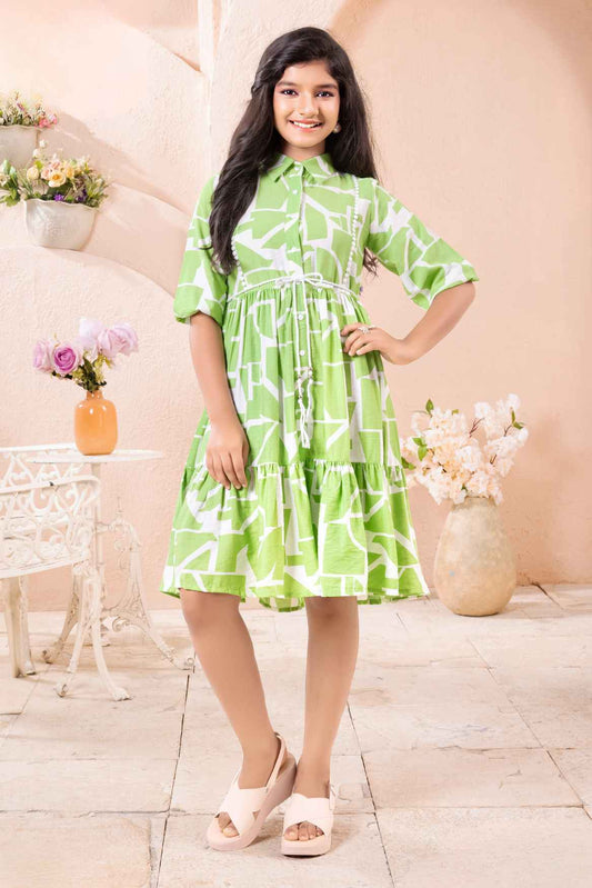 Trendy Green Printed Casual Dress For Girls