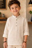 Fawn Geometric Thread Embroidered Pure Linen Kurta