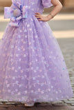 Lavender One-Shoulder Bow Embroidered Party Gown for Girls