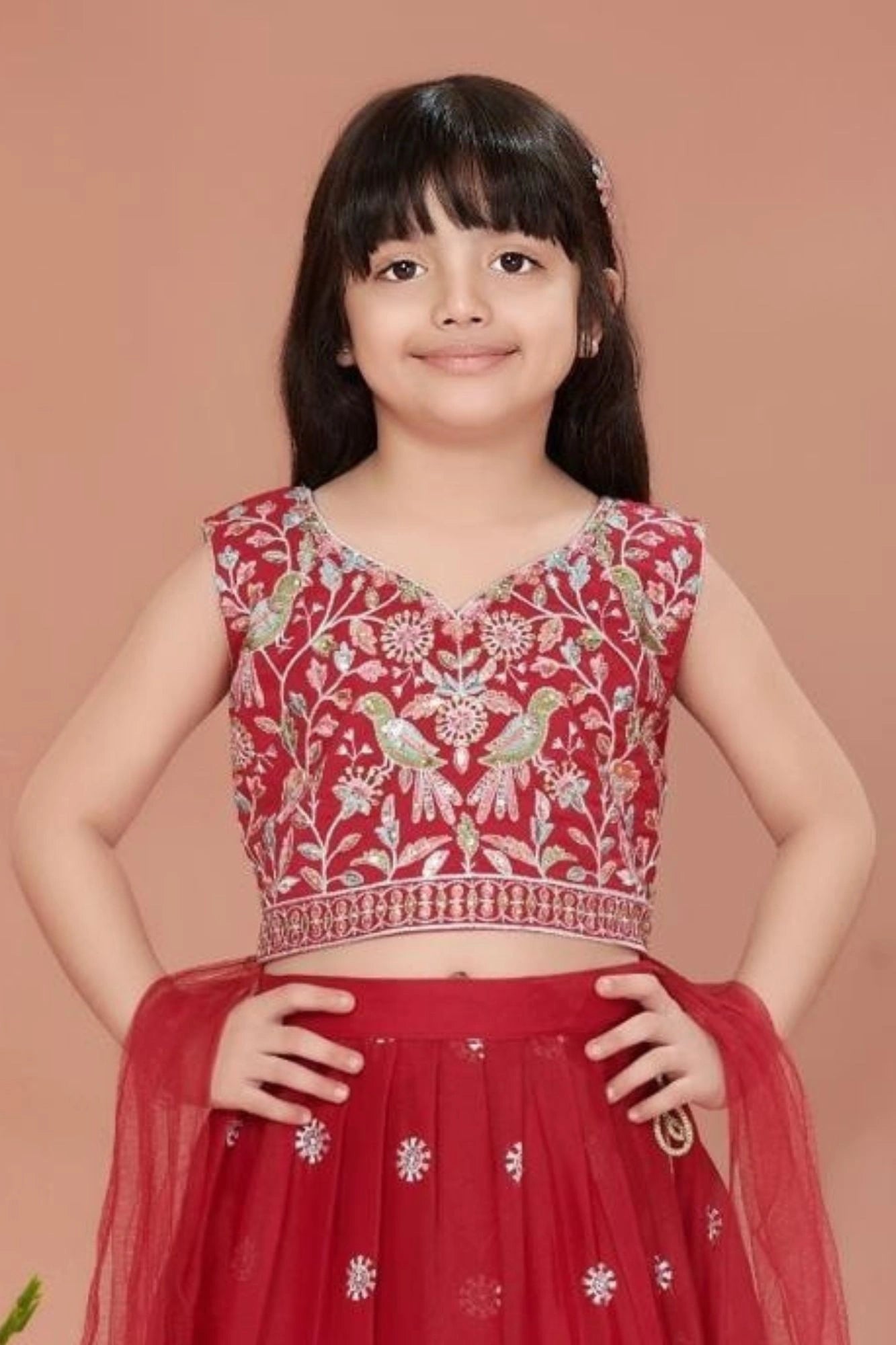 Red Embroidered Lehenga Choli with Dupatta For Girls