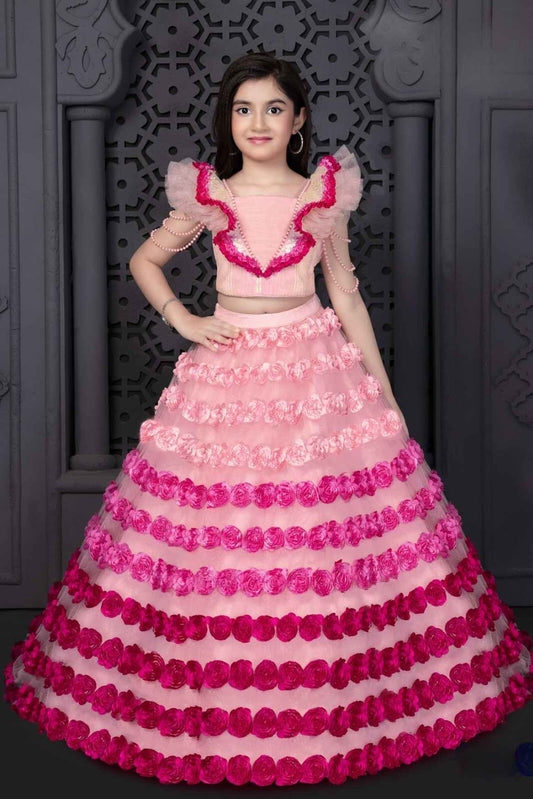 Designer Pink Frill Sleeve With Sequin And Pearl Work And Floral Embellished Frock For Girls