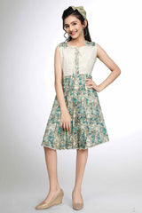 Stylish Green Floral Printed And Sequins Work Casual Wear Frock For Girls