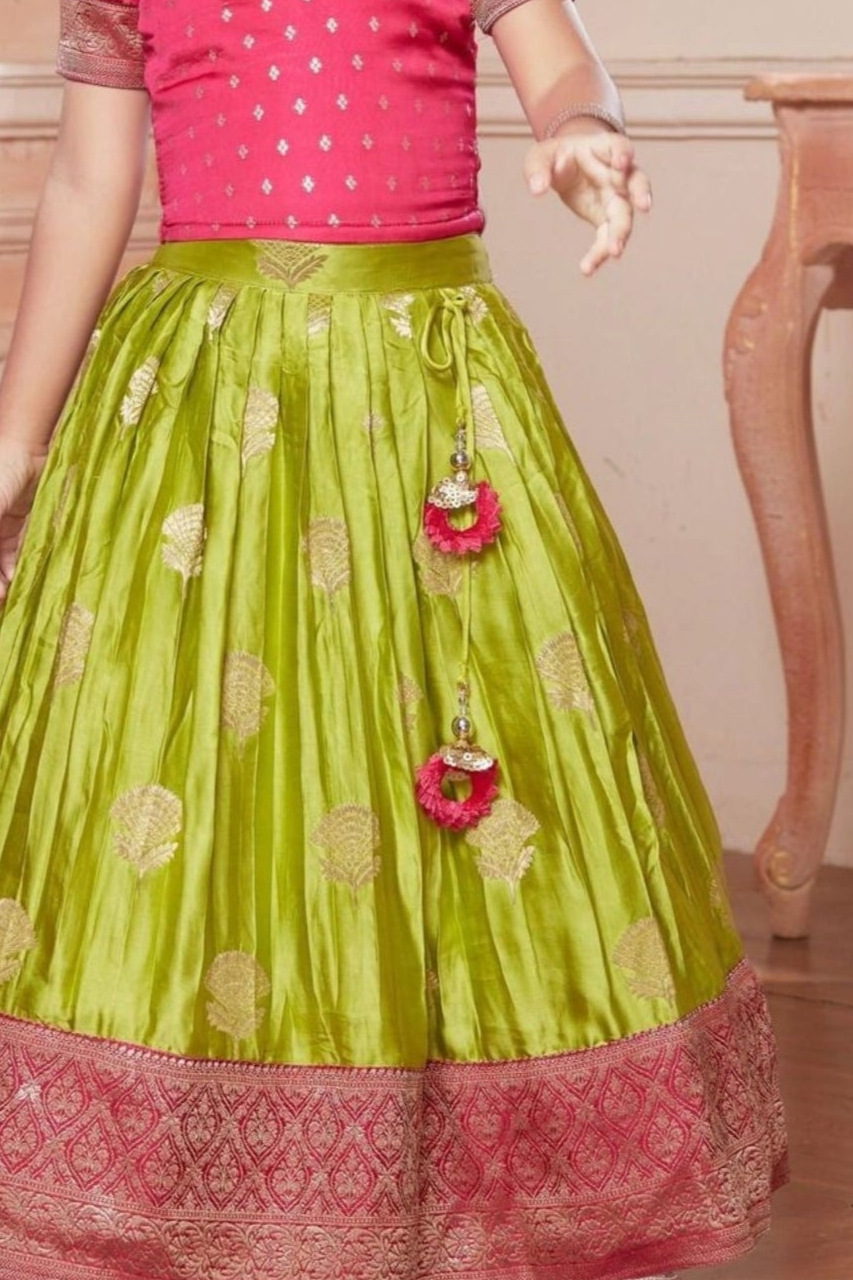 Green Silk Pattu Pavadai with Pink Puff Sleeve Top For Girls