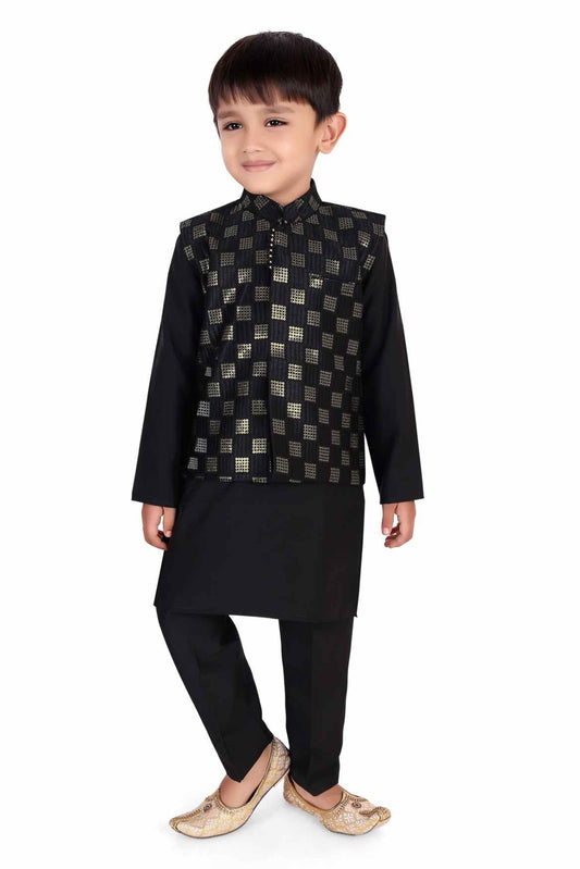 Black Kurta Set With Sequins Embroidered Waist For Boys