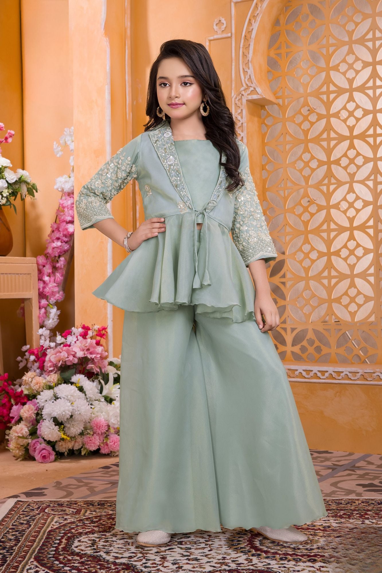 Mint Green Embroidered Peplum Palazzo Set With Sheer Jacket For Girls