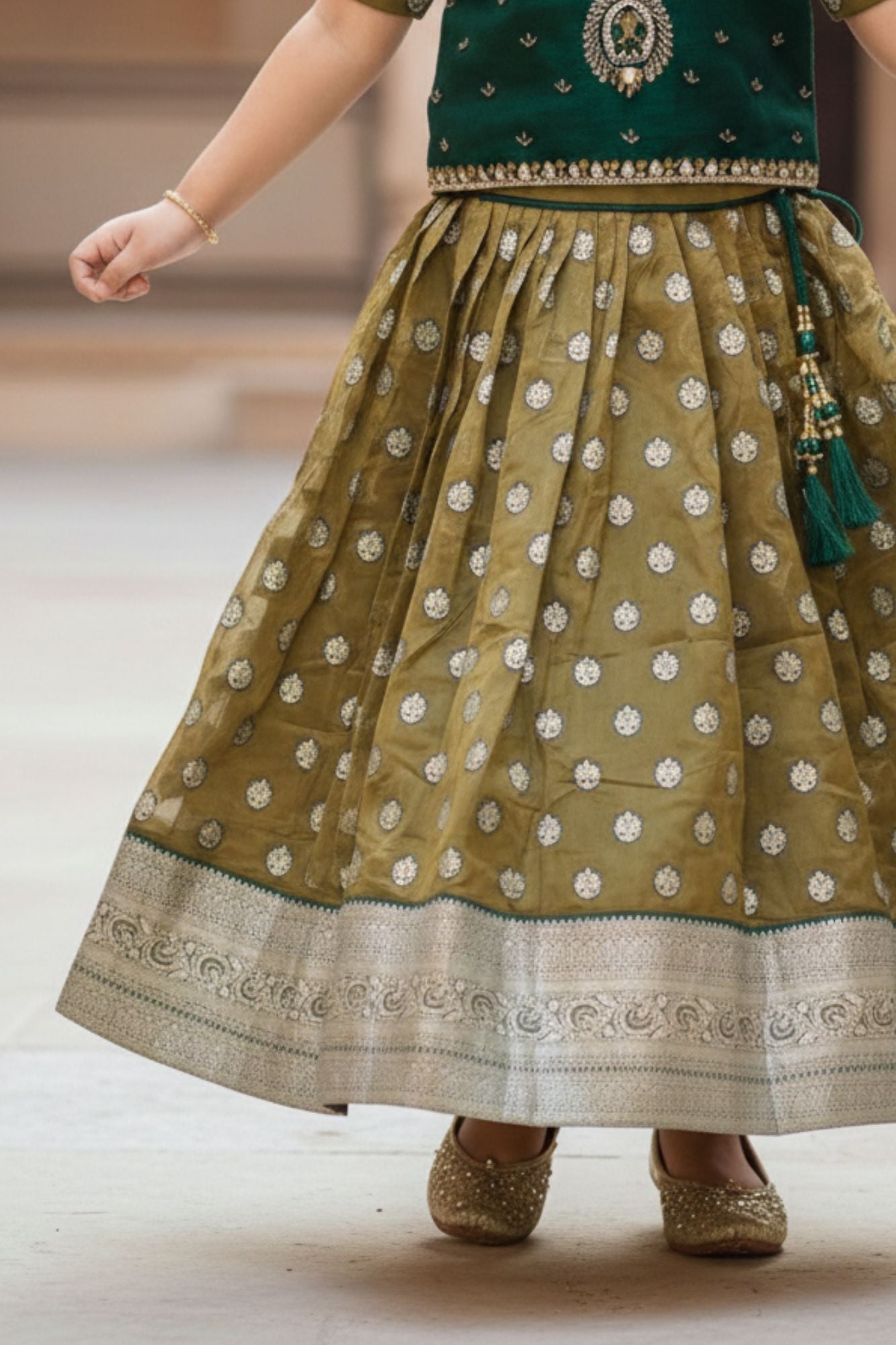 Bottle Green Mirror Embroidered Silk Pattu Pavadai For Girls