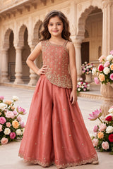 Girls Dusty Pink Gold Embroidered Palazzo Set