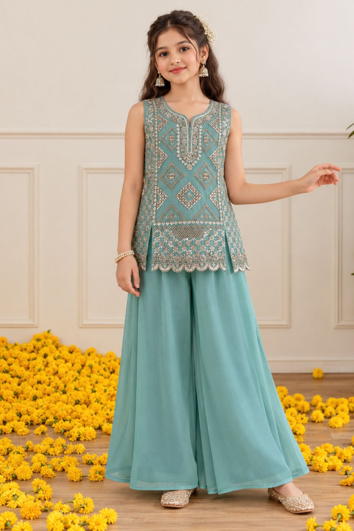 Aqua Blue Sequin Embellished Palazzo Set with Dupatta For Girls