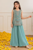 Aqua Blue Sequin Embellished Palazzo Set with Dupatta For Girls