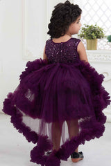 Wine Net Partywear Frock With Sequin And Bow Embellished For Girls