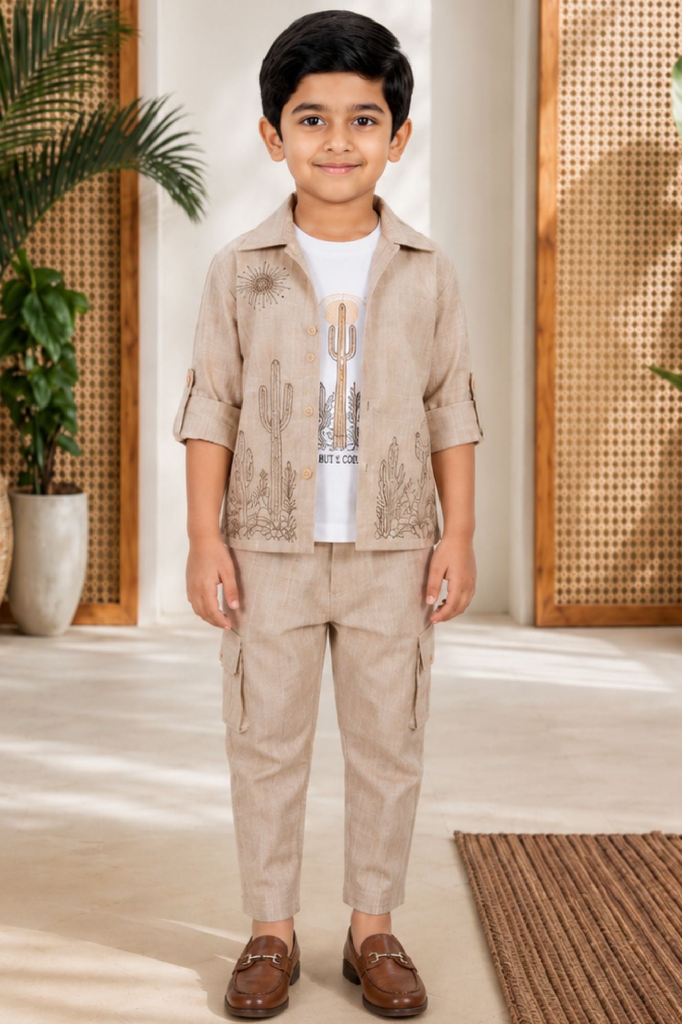 Stylish Beige Co-ord Set with Embroidered Jacket and T-Shirt For Boys