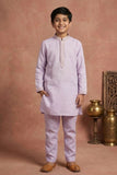 Lavender Embroidered Linen Kurta Set For Boys
