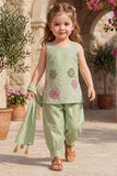 Girls Green With Pink Floral Embroidered Patiala Set