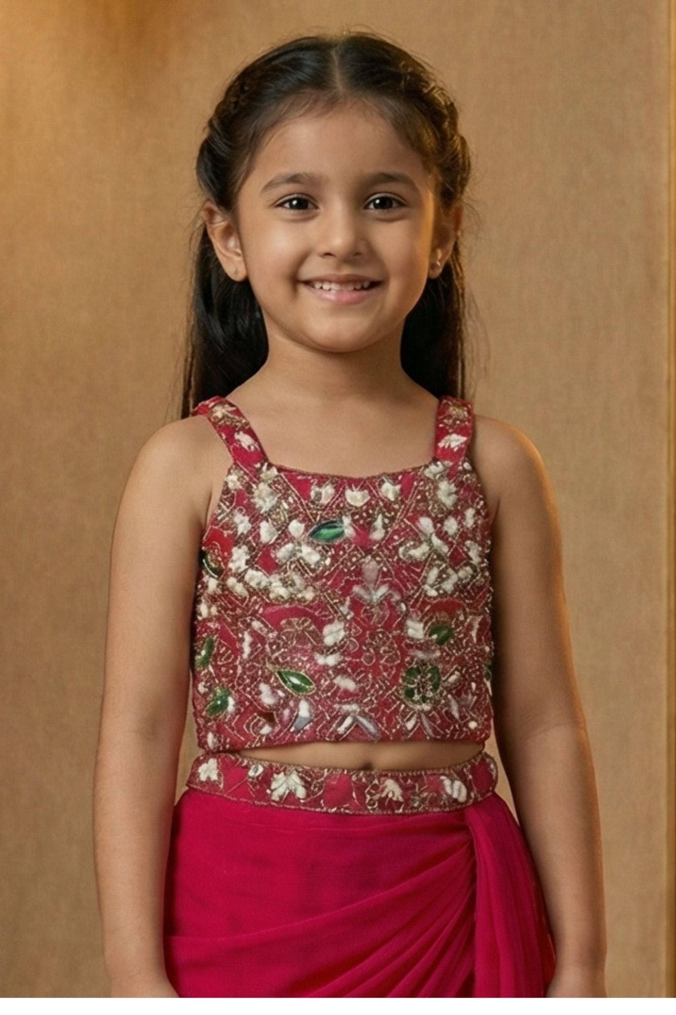 Rani Pink Embroidered Lehenga Choli Set For Girls