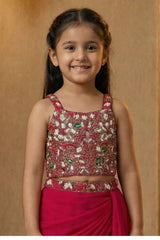 Rani Pink Embroidered Lehenga Choli Set For Girls
