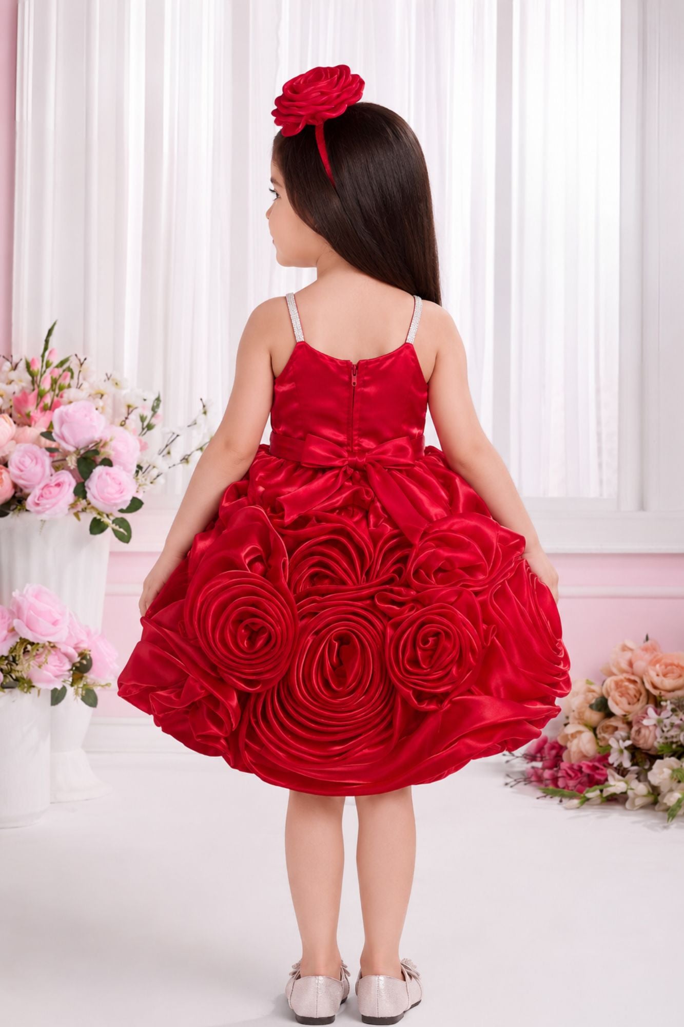 Red Rosette Party Wear Frock for Girls
