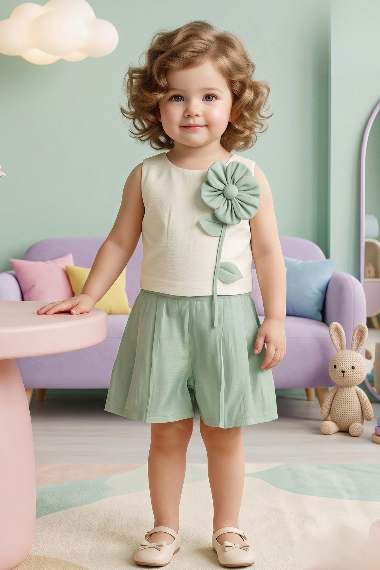 Girls Cream and Mint Green Floral Applique Top with Shorts Co Ord Set