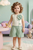 Girls Cream and Mint Green Floral Applique Top with Shorts Co Ord Set
