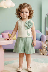 Girls Cream and Mint Green Floral Applique Top with Shorts Co Ord Set
