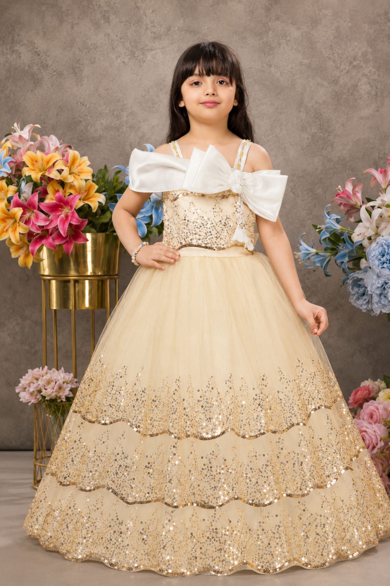 Girls Golden Sequin Bow Detailed Layered Party Wear Gown