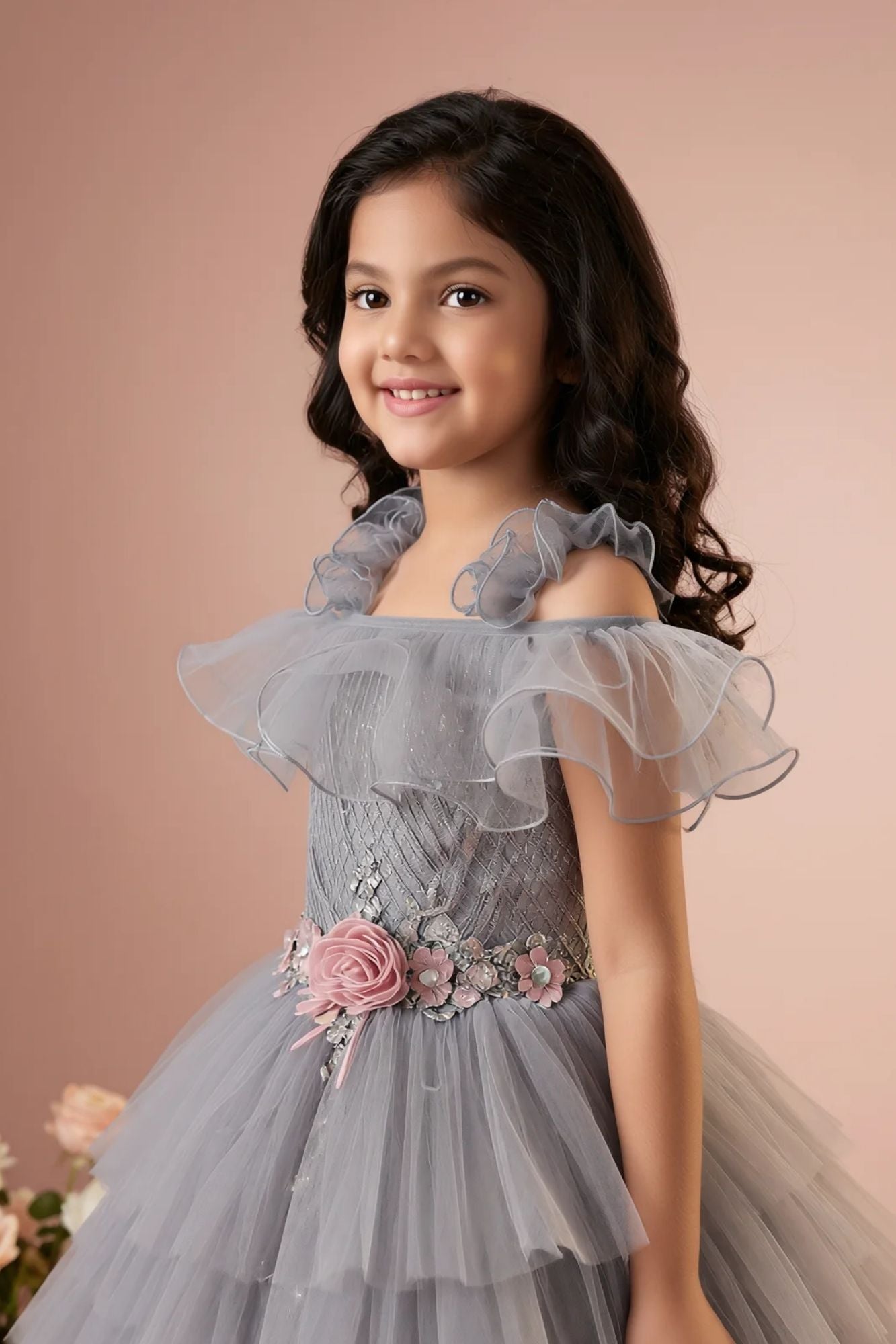 Girls Grey Layered Net Party Wear Gown with Off-Shoulder Ruffle Detailing
