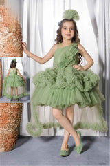 Green Floral Embellished Party Wear Tailback Frock For Girls