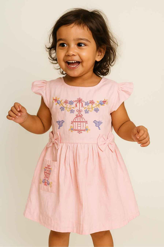 Pink Embroidered Cotton Frock for Girls