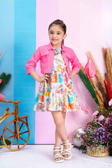 Pink Printed Frock With Denim Jacket For Girls