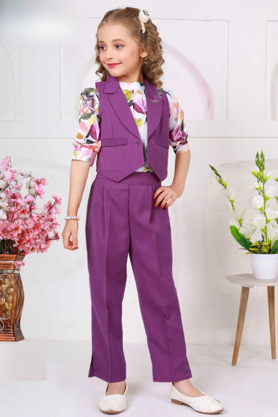 Purple Waist Coat And Pant With Floral Printed Top Set For Girls