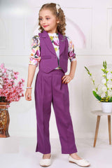 Purple Waist Coat And Pant With Floral Printed Top Set For Girls