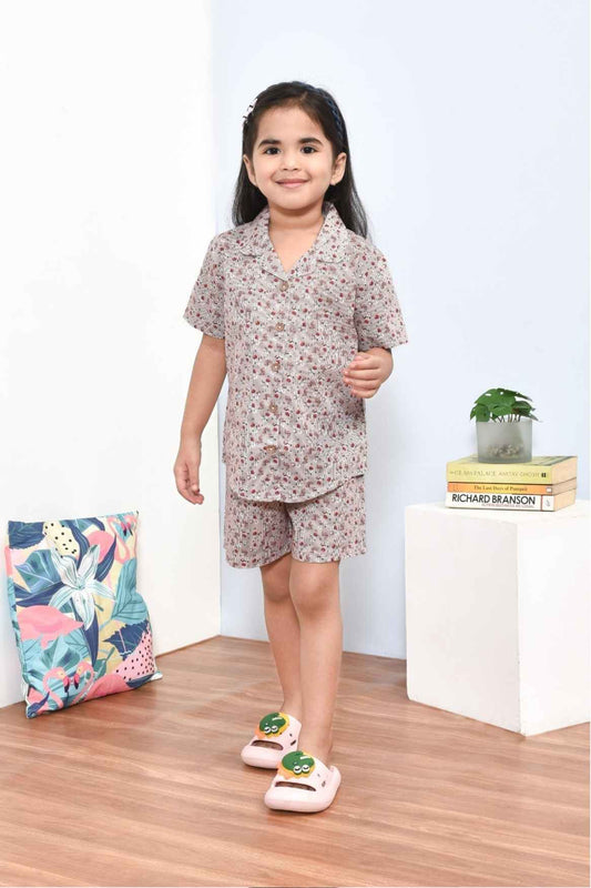 Soft & Stylish Beige Floral Printed Night Suit Set for Girls