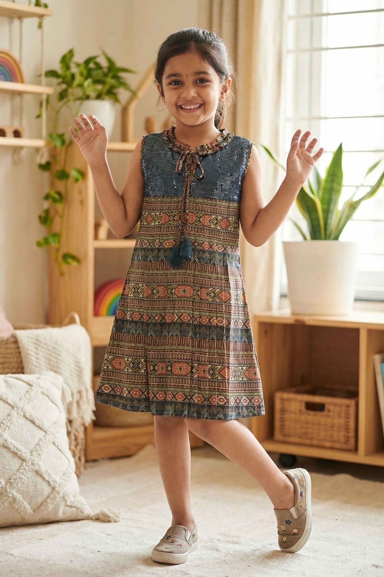 Blue Frock With Tassel Tie-Up For Girls
