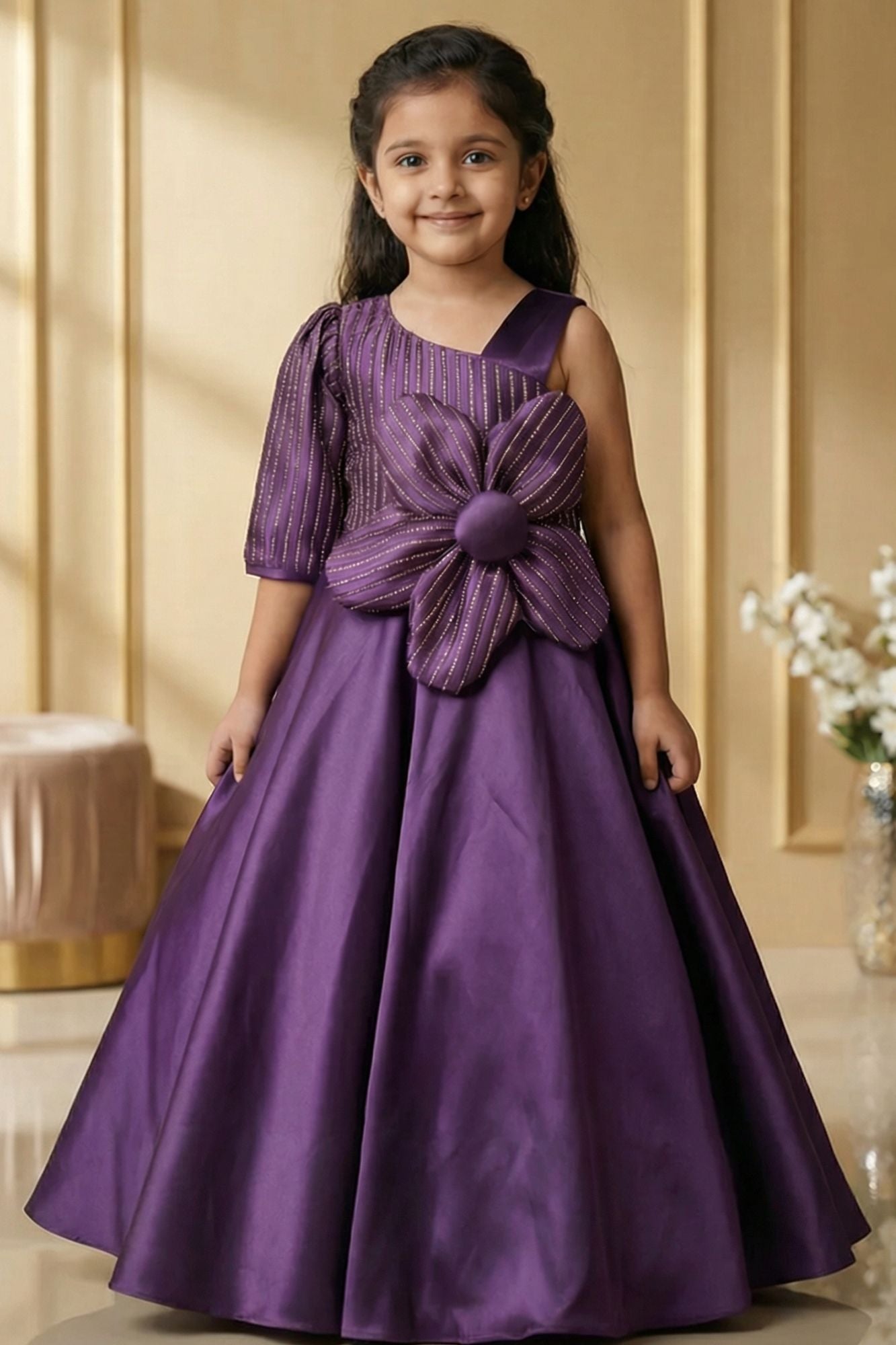 Violet Floral Embellished Party Gown For Girls