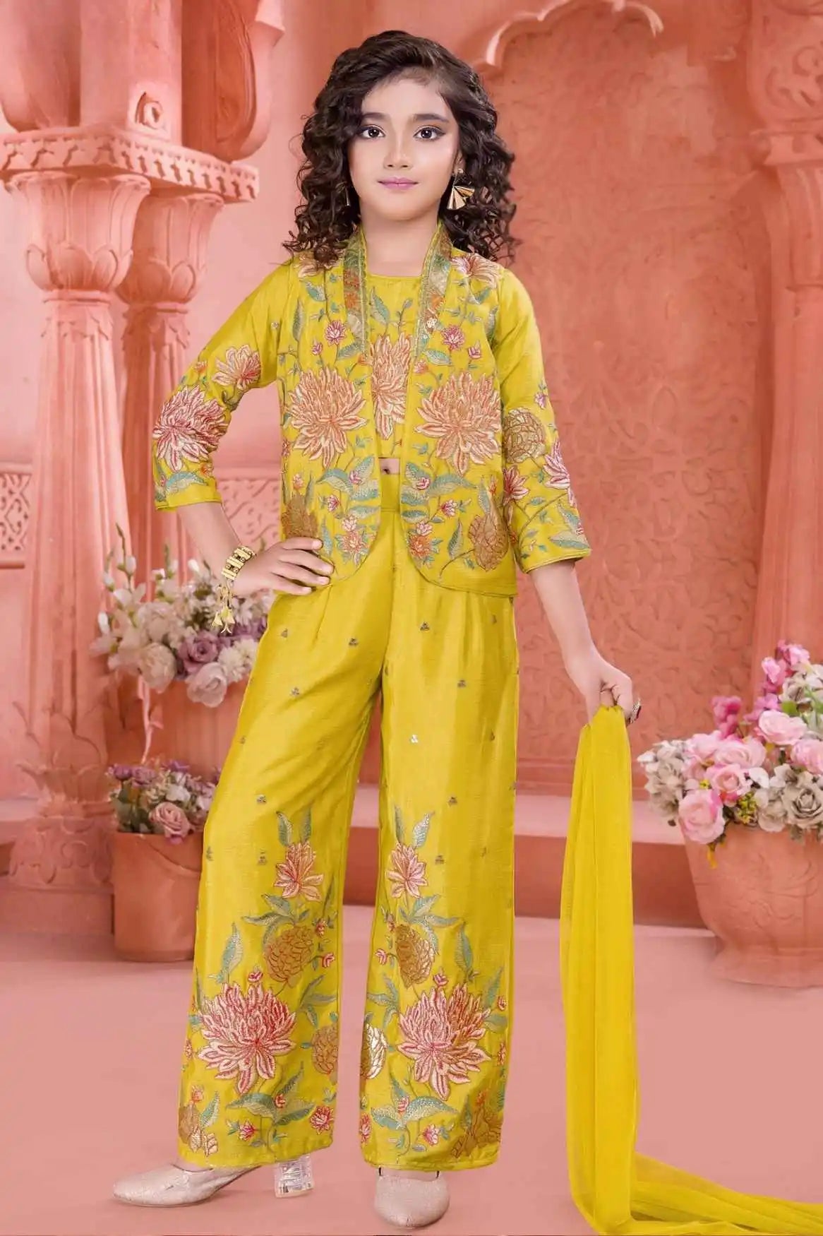 Golden Yellow Embroidered Ethnic Co-Ord Set With Jacket And  For Girls