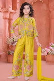 Golden Yellow Embroidered Ethnic Co-Ord Set With Jacket And  For Girls