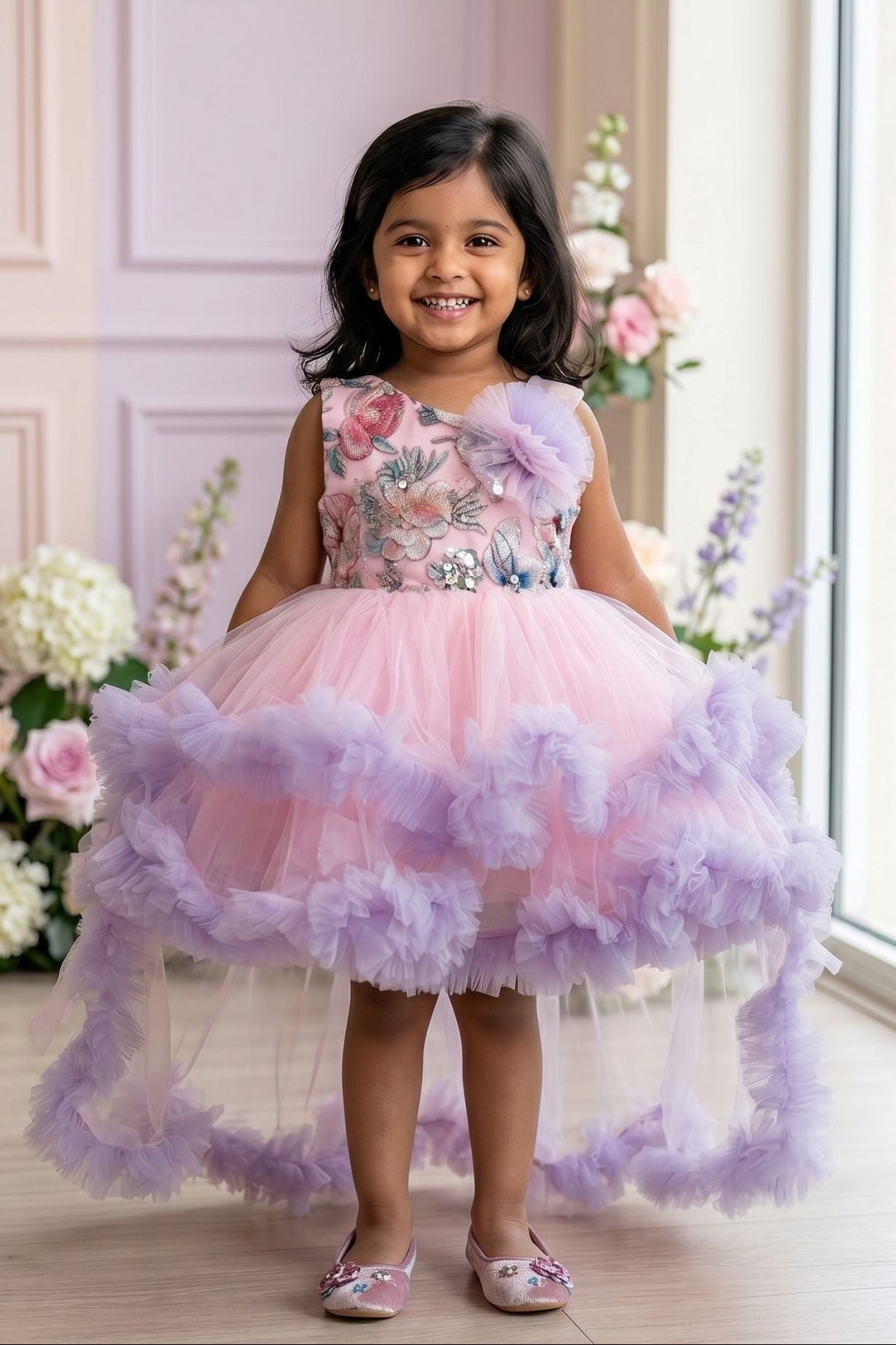 Pink And Lilac Floral Embroidered Frock With Ruffle High-Low Hem For Girls