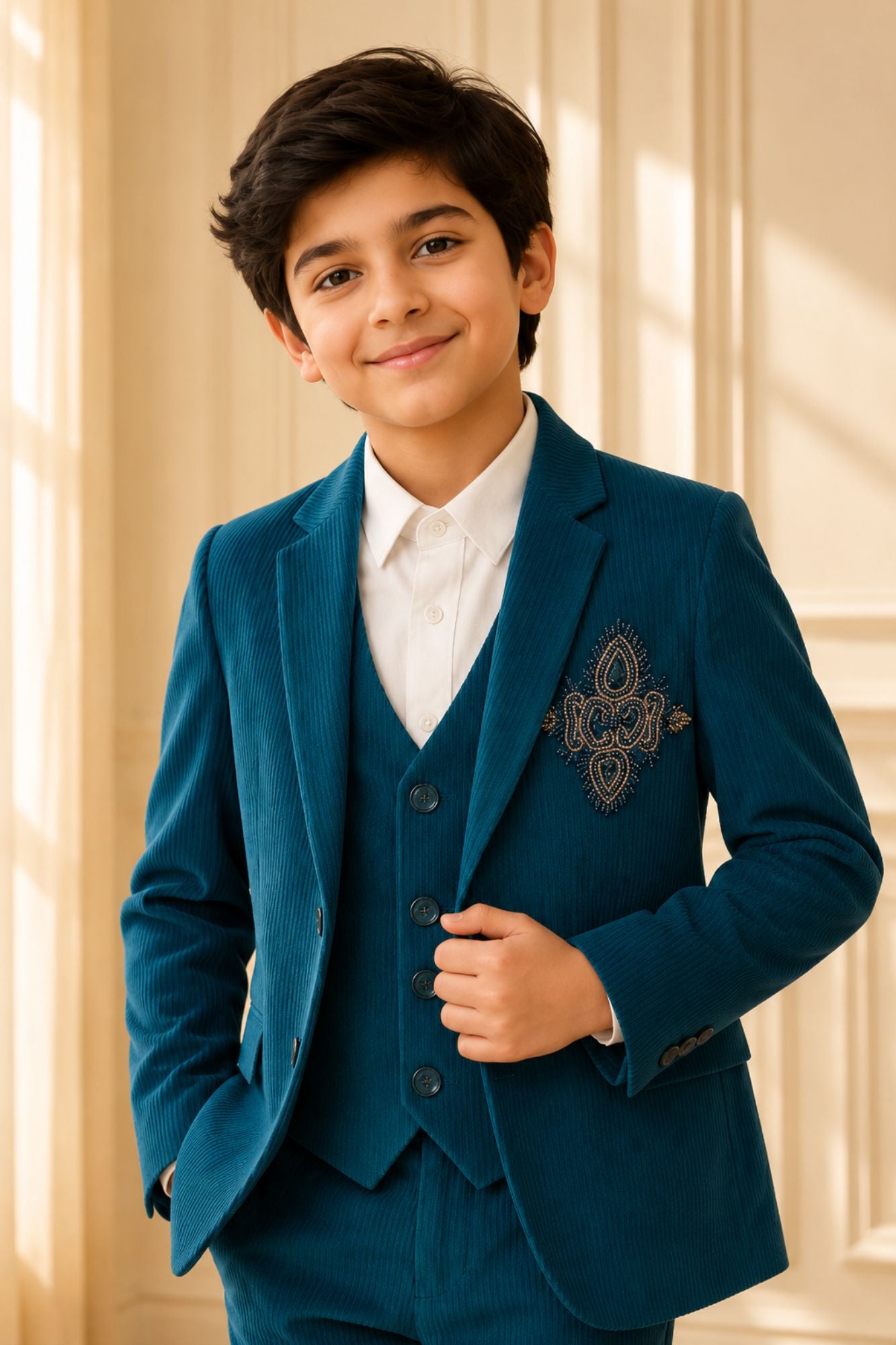 Boys Teal Embroidered Shawl Collar Party Wear Suit Set