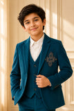 Boys Teal Embroidered Shawl Collar Party Wear Suit Set