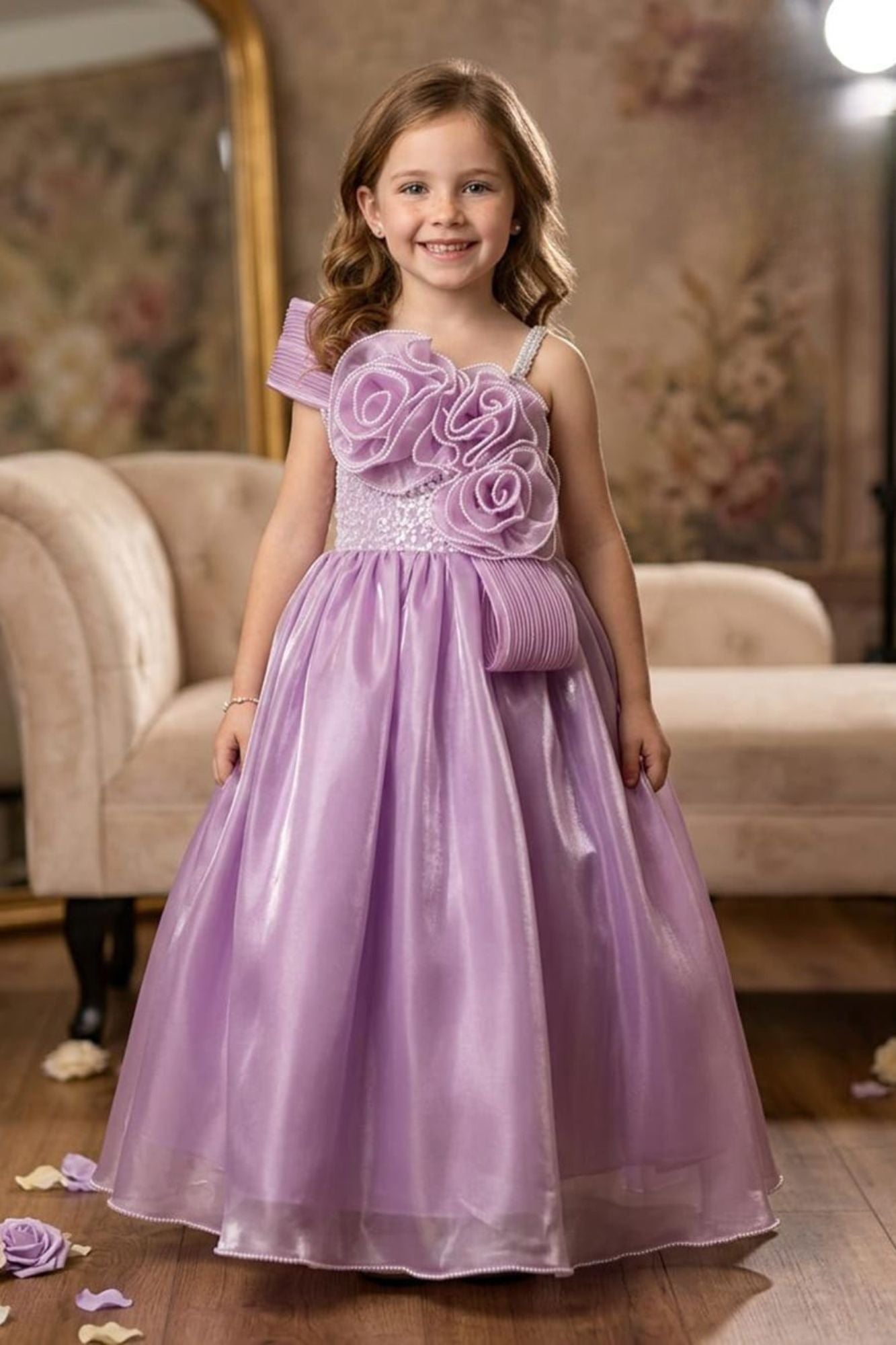 Girls Lavender One-Shoulder Party Gown with 3D Floral Ruffles