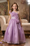Girls Lavender One-Shoulder Party Gown with 3D Floral Ruffles