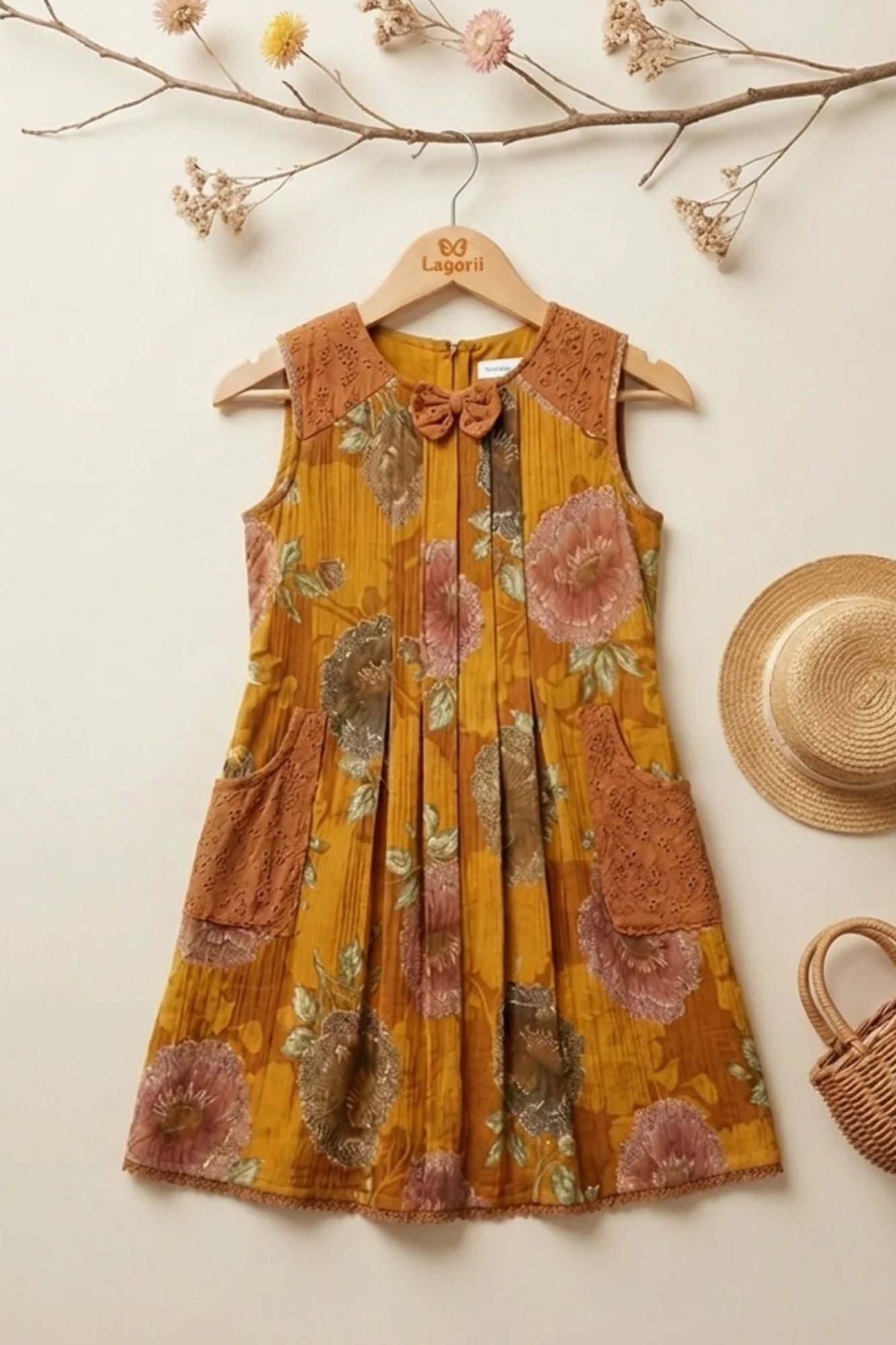 Girls Mustard Floral Printed Dress With Lace Panels and Pleats