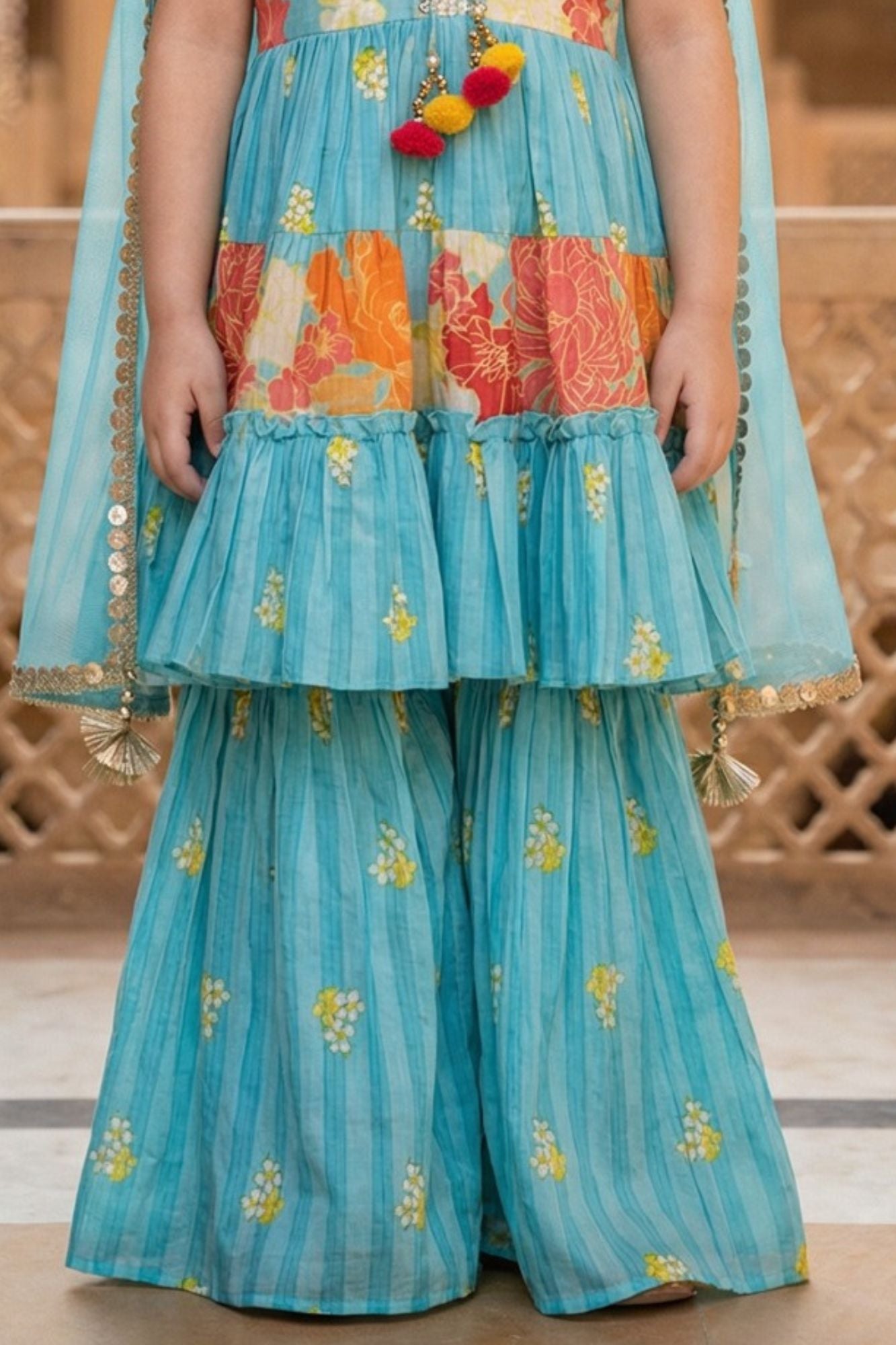 Girls Blue Floral Tiered Palazzo Set with Dupatta