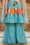 Girls Blue Floral Tiered Palazzo Set with Dupatta