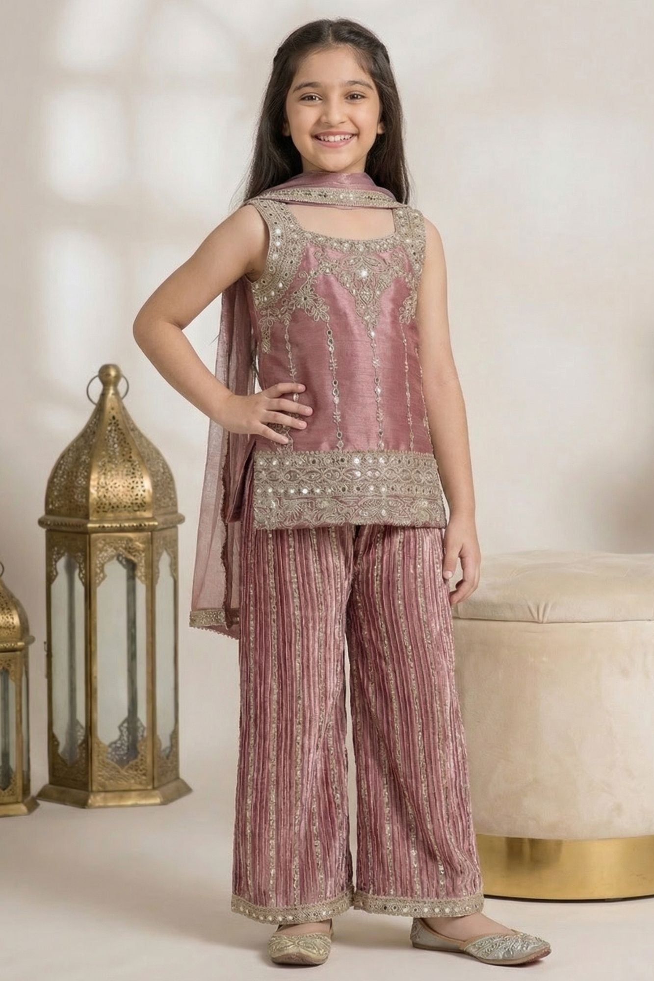 Dusty Pink Designer Embroidered Palazzo Set For Girls