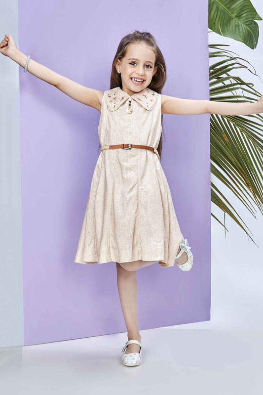 Beige Sleeveless Frock With Embroidered Collar And Waist Band For Girls