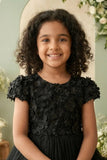 Girls Black Floral Embellished Layered Net Ball Gown